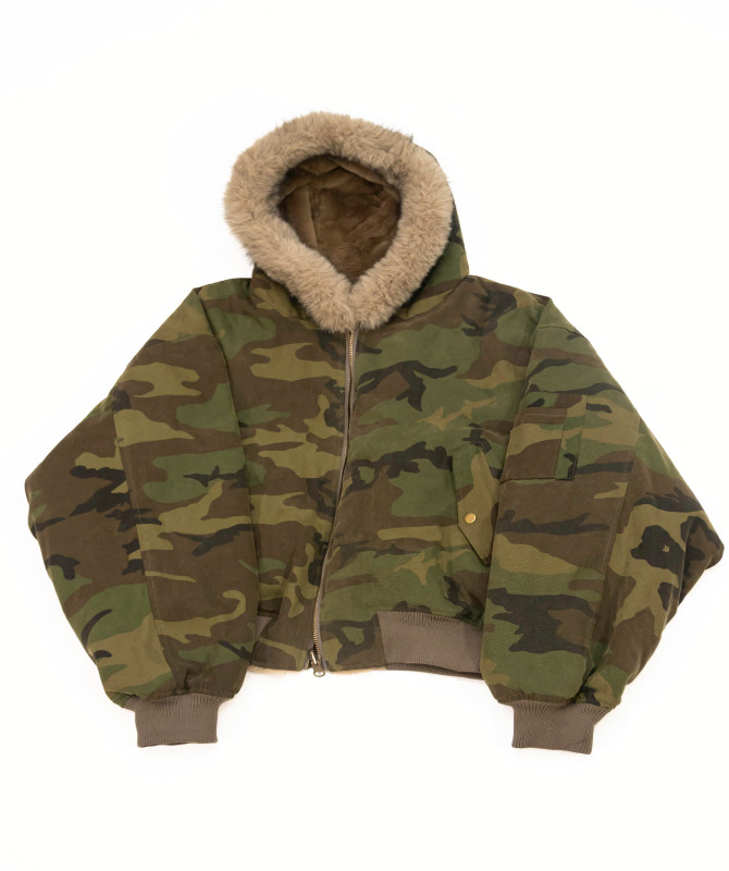 Premium dark camo reversible fur-lined hooded bomber jacket