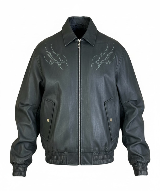 Tribal flame leather bomber jacket cyber moto streetwear