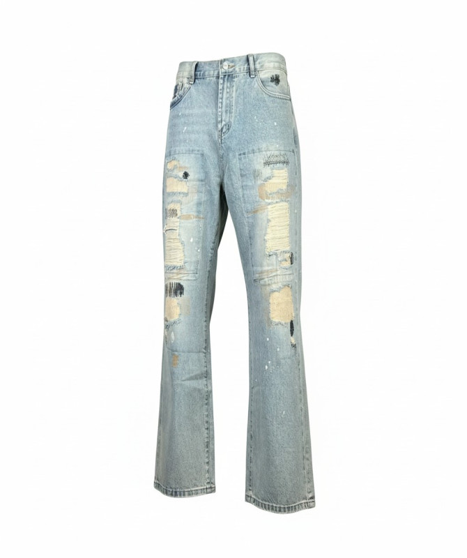 Amiri Repaired Bootcut Jeans – Light Blue Distressed Denim