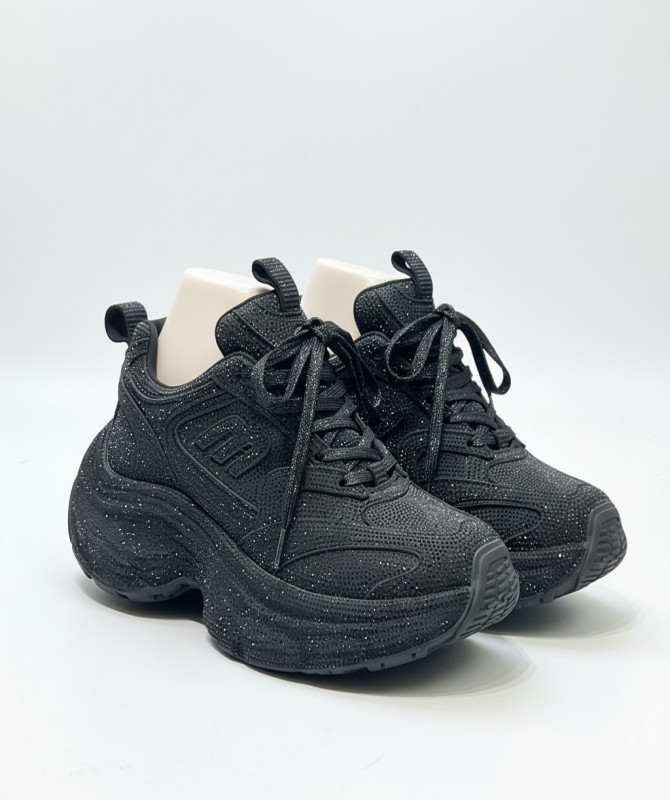 Luxury Rhinestone Chunky Platform Sneakers – Black